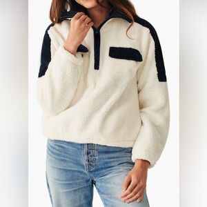 NWT Faherty Cream White and Navy Cord Mix Fleece Popover, Outdoor Sz - XL